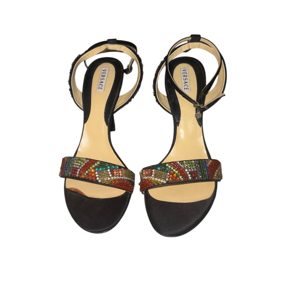 Versace Black Satin Ankle-Strap Sandals with Multicolor Beaded Front